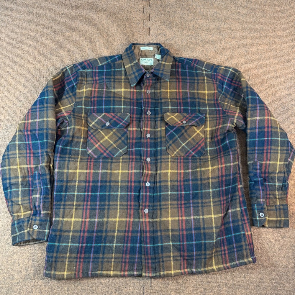 Vintage Oakton Ltd Mens Large Quilted Lined Flannel Shirt Jacket Plaid Brown L